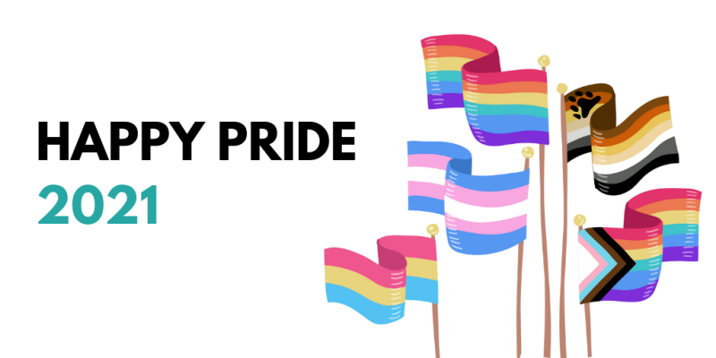 Happy Pride 2021 with image of Pride flags including inclusive flag, Trans flag