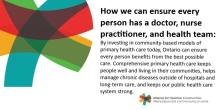 Alliance graphic with headline that reads: How we can ensure every person has a doctor, nurse practitioner, and health team. Smaller text reads: By investing in community-based models of primary health care today, Ontario can ensure every person benefits from the best possible care. Comprehensive primary health care keeps people well, and living in their communities, helps manage chronic diseases outside of hospitals and long-term care, and keeps our public health care system strong.