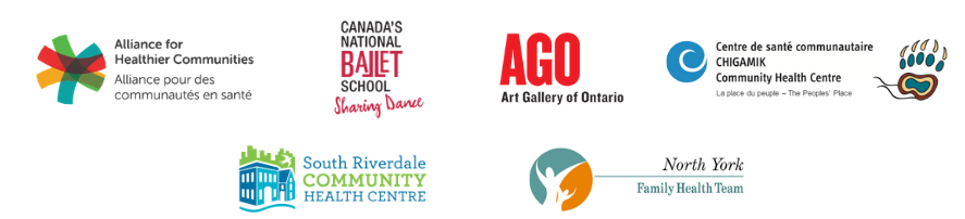 Logos of Alliance, Canada's National Ballet School, AGO, South Riverdale CHC, CSC CHIGAMIK CHC, and North York FHT