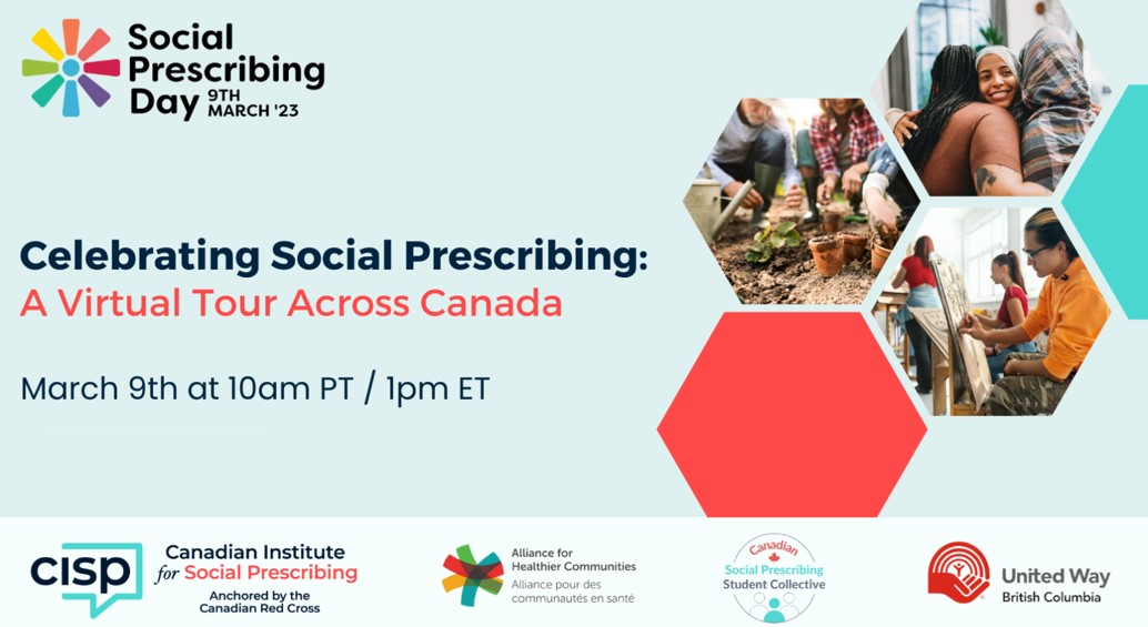 The image has text which reads Celebrating Social Prescribing: A Virtual Tour Across Canada in the center and three hexagons towards the right with pictures of people practicing social prescribing.  