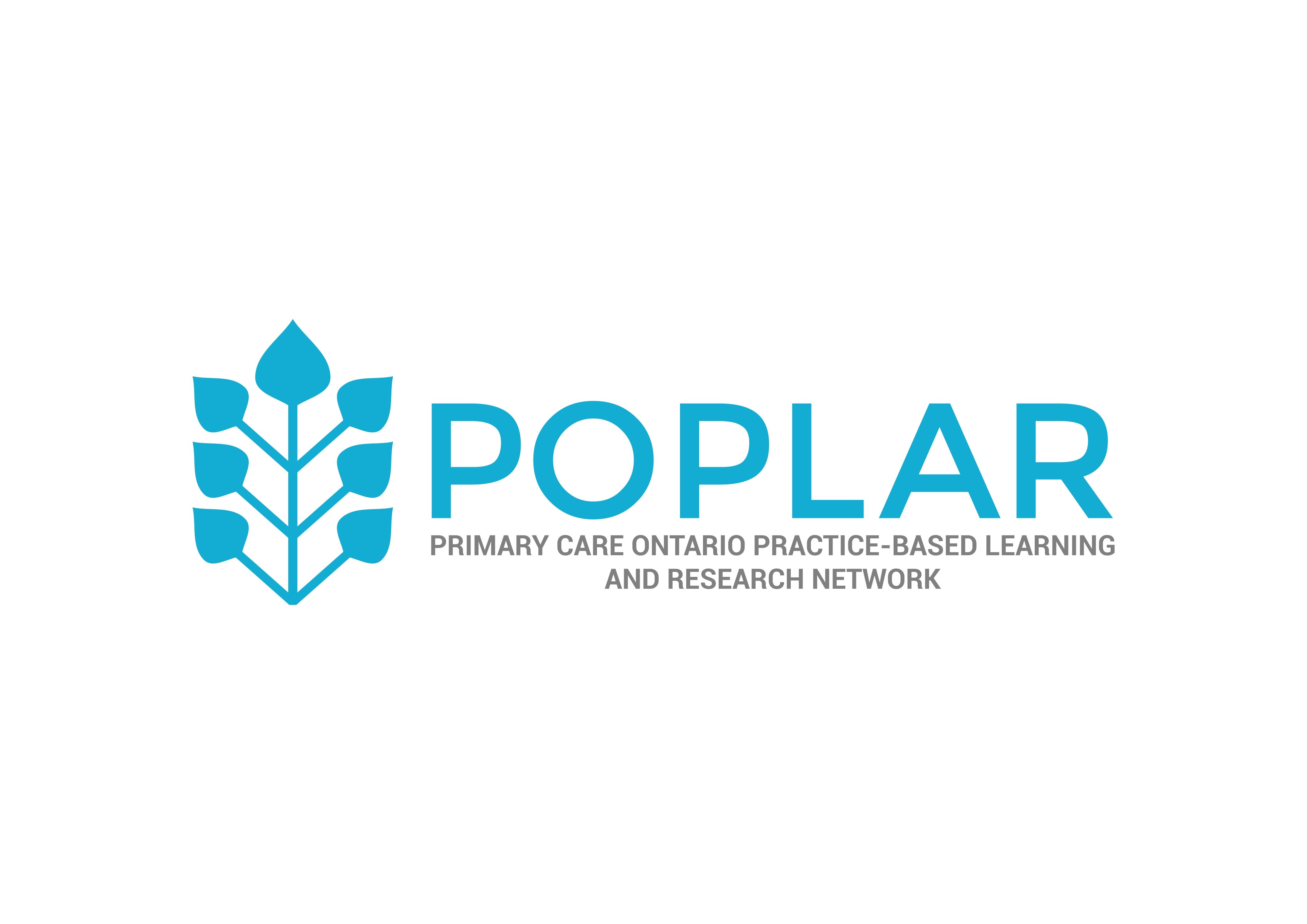 Logo: blue stylized graphic of a branch with seven leaves. Text: POPLAR, all capitals, large font, blue.  Tagline: Primary Care Ontario Practice-Based Learning and Research Network, all capitals, small font, grey 